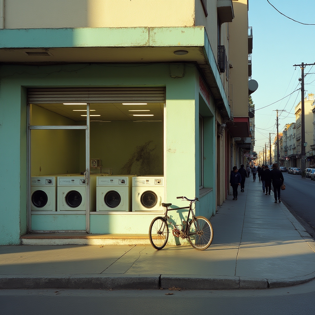 Fachada de un lavadero automático autoservicio en una calle de barrio urbano argentino