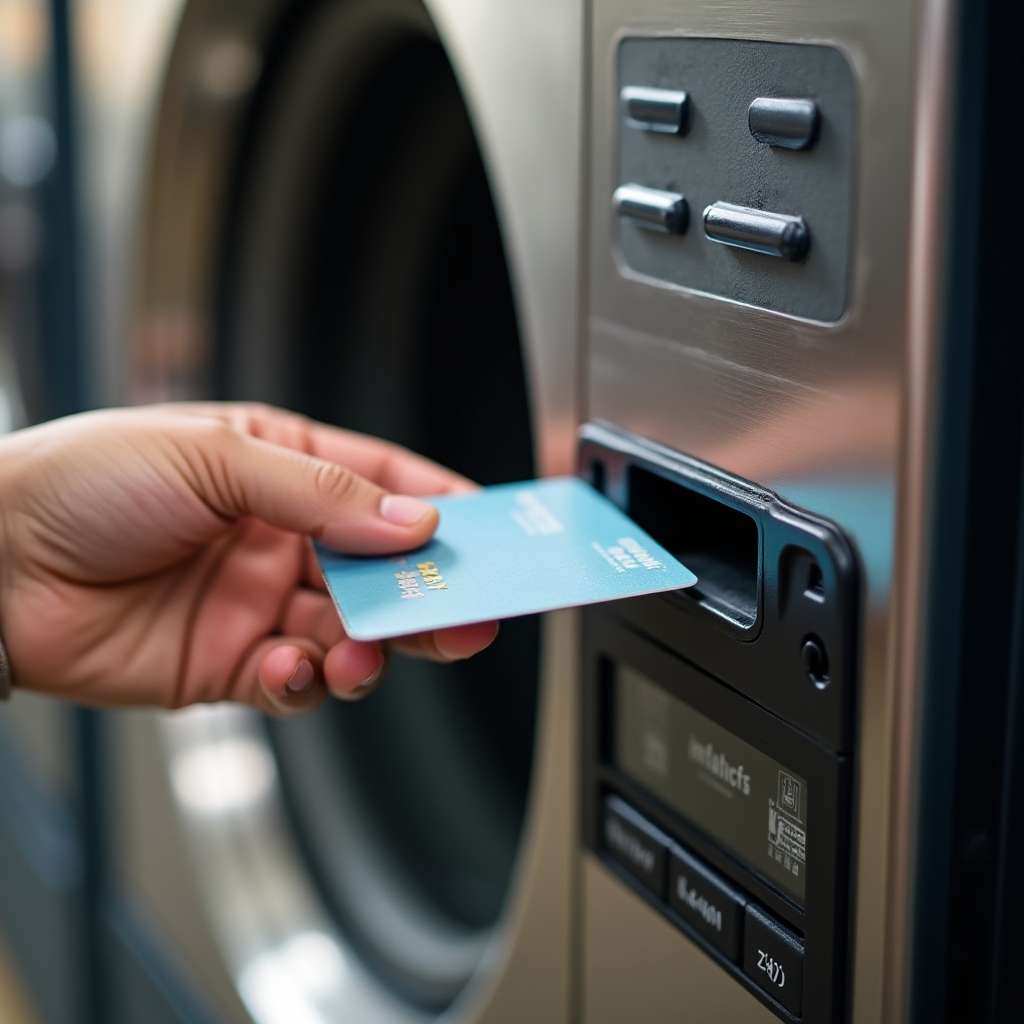 Cliente introduciendo una tarjeta prepaga en el lector de una máquina de lavado autoservicio